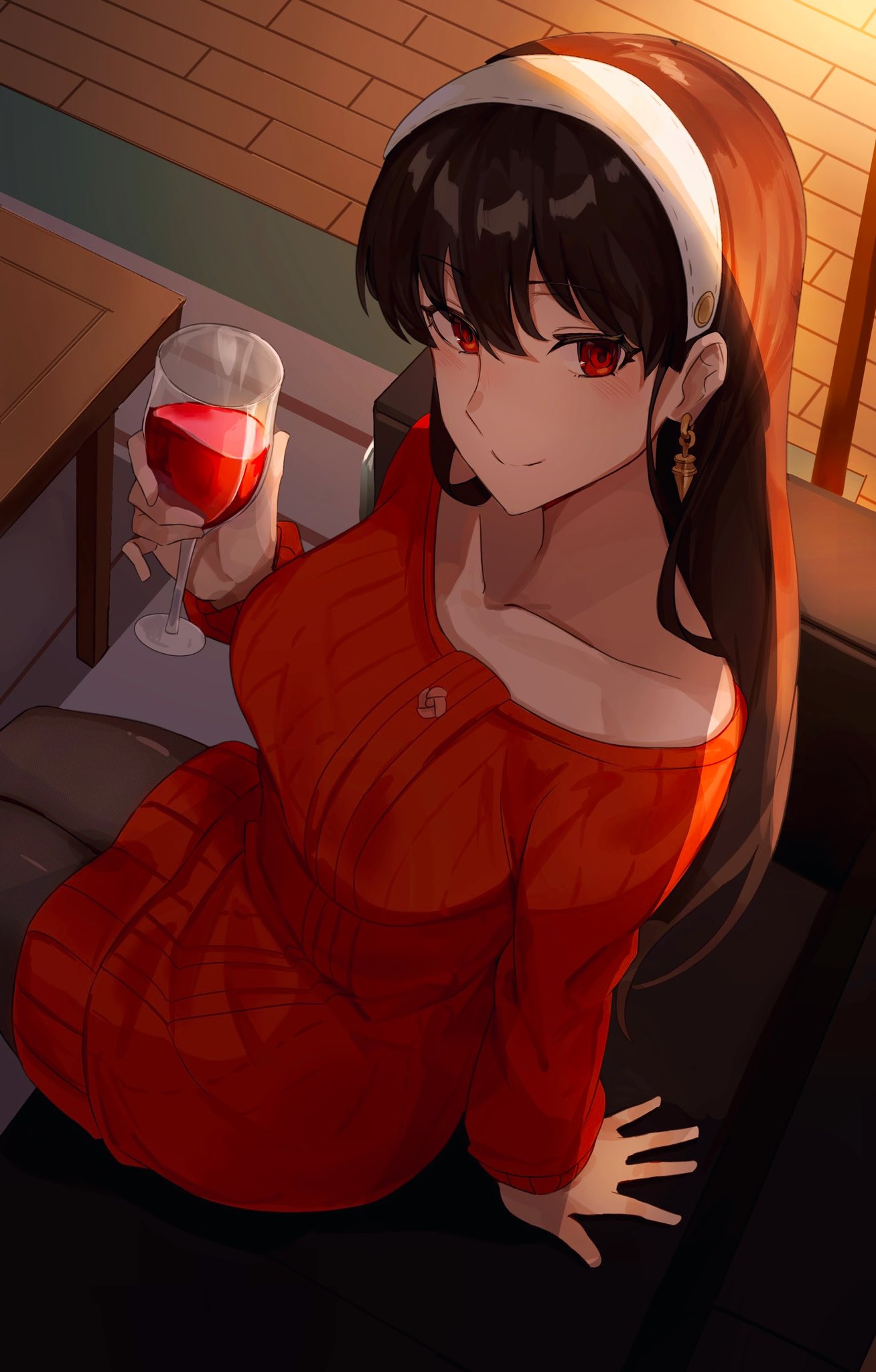 1girl arm_support black_hair black_thighhighs breasts collarbone commentary cup dress drinking_glass earrings from_above hair_between_eyes hairband highres holding holding_cup indoors jewelry long_hair long_sleeves looking_at_viewer nasubin_(nasubisamurai15) off-shoulder_sweater off_shoulder on_chair pantyhose red_dress red_eyes revision sitting smile solo spy_x_family sunlight sweater sweater_dress symbol-only_commentary table thigh-highs white_hairband wine_glass yor_briar