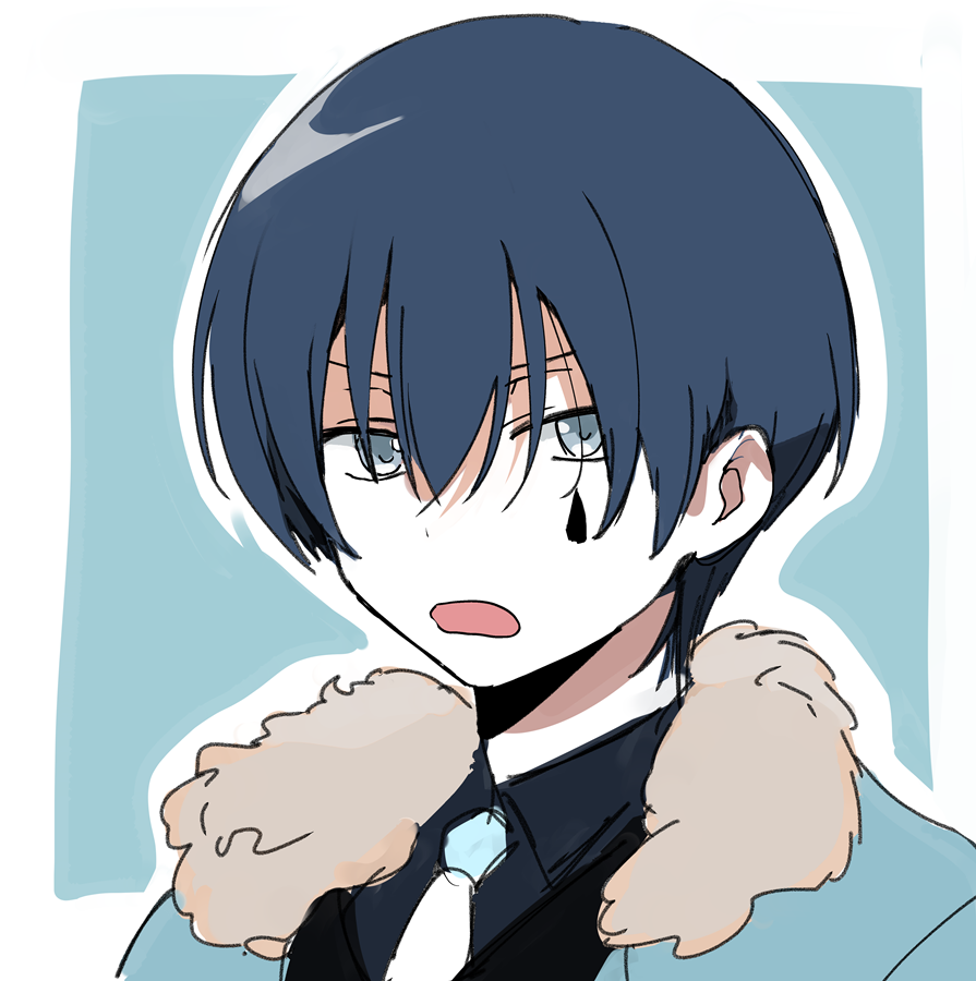 1boy blue_hair blue_jacket blue_shirt collared_shirt commentary_request employee_(lobotomy_corporation) eyebrows_hidden_by_hair fur-trimmed_jacket fur_trim grey_eyes jacket lobotomy_corporation long_bangs medu_(rubish) necktie open_clothes open_jacket open_mouth pale_skin portrait project_moon shirt short_hair simple_background sketch solo v-shaped_eyebrows white_necktie
