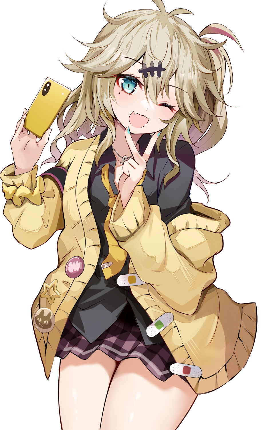 1girl ;d aqua_nails artist_request bandaid bandaid_on_clothes black_shirt blue_eyes brown_skirt cellphone collared_shirt commentary_request fang hair_ornament highres holding holding_phone jacket kasukabe_tsumugi long_sleeves looking_at_viewer medium_hair messy_hair mole mole_under_eye necktie one_eye_closed one_side_up open_mouth phone shirt simple_background skin_fang skirt smile solo third-party_source voicevox white_background yellow_jacket yellow_necktie