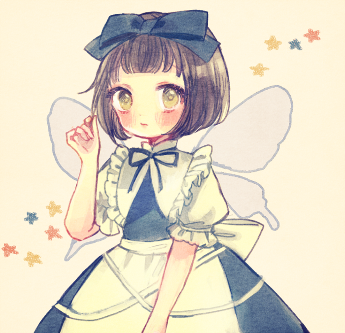 1girl :s alternate_hair_length alternate_hairstyle blue_bow blue_dress blue_ribbon blunt_bangs blush bob_cut bow brown_eyes brown_hair closed_mouth cowboy_shot dress fairy_wings frilled_shirt_collar frills grey_background hair_bow hand_up looking_at_viewer puffy_short_sleeves puffy_sleeves ribbon short_hair short_sleeves simple_background solo star-shaped_pupils star_(symbol) star_sapphire symbol-shaped_pupils touhou wings yellow_eyes yujup