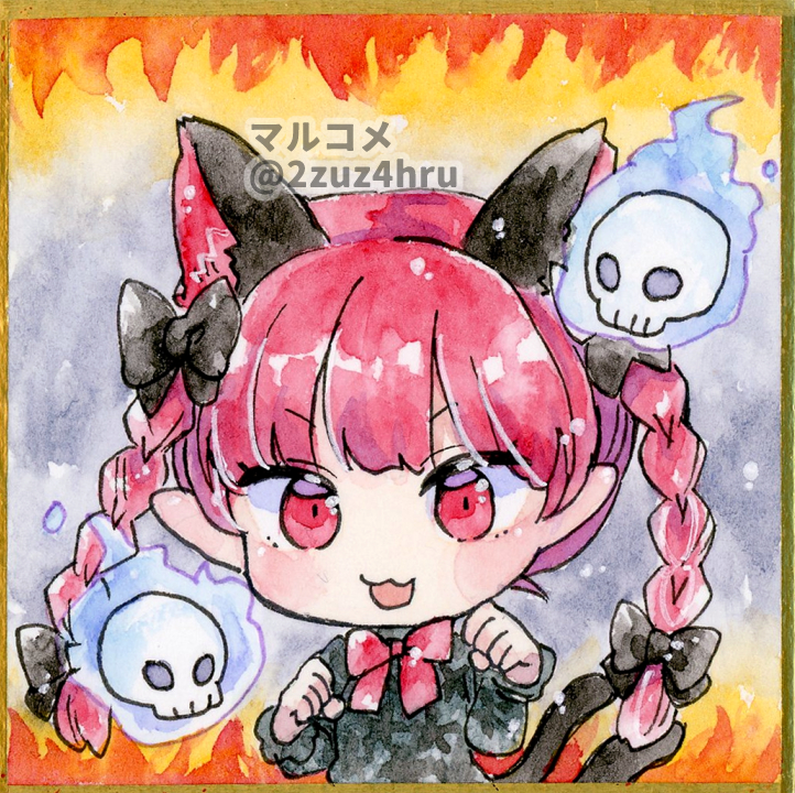 1girl 2zuz4hru :3 :d animal_ears black_bow blunt_bangs bow bowtie cat_ears chibi commentary_request dress extra_ears fire floating_skull green_dress hair_bow hair_ribbon hands_up hitodama kaenbyou_rin long_hair long_sleeves looking_at_viewer open_mouth paw_pose pointy_ears red_bow red_bowtie red_eyes redhead ribbon simple_background smile solo touhou traditional_media tress_ribbon twitter_username v-shaped_eyebrows