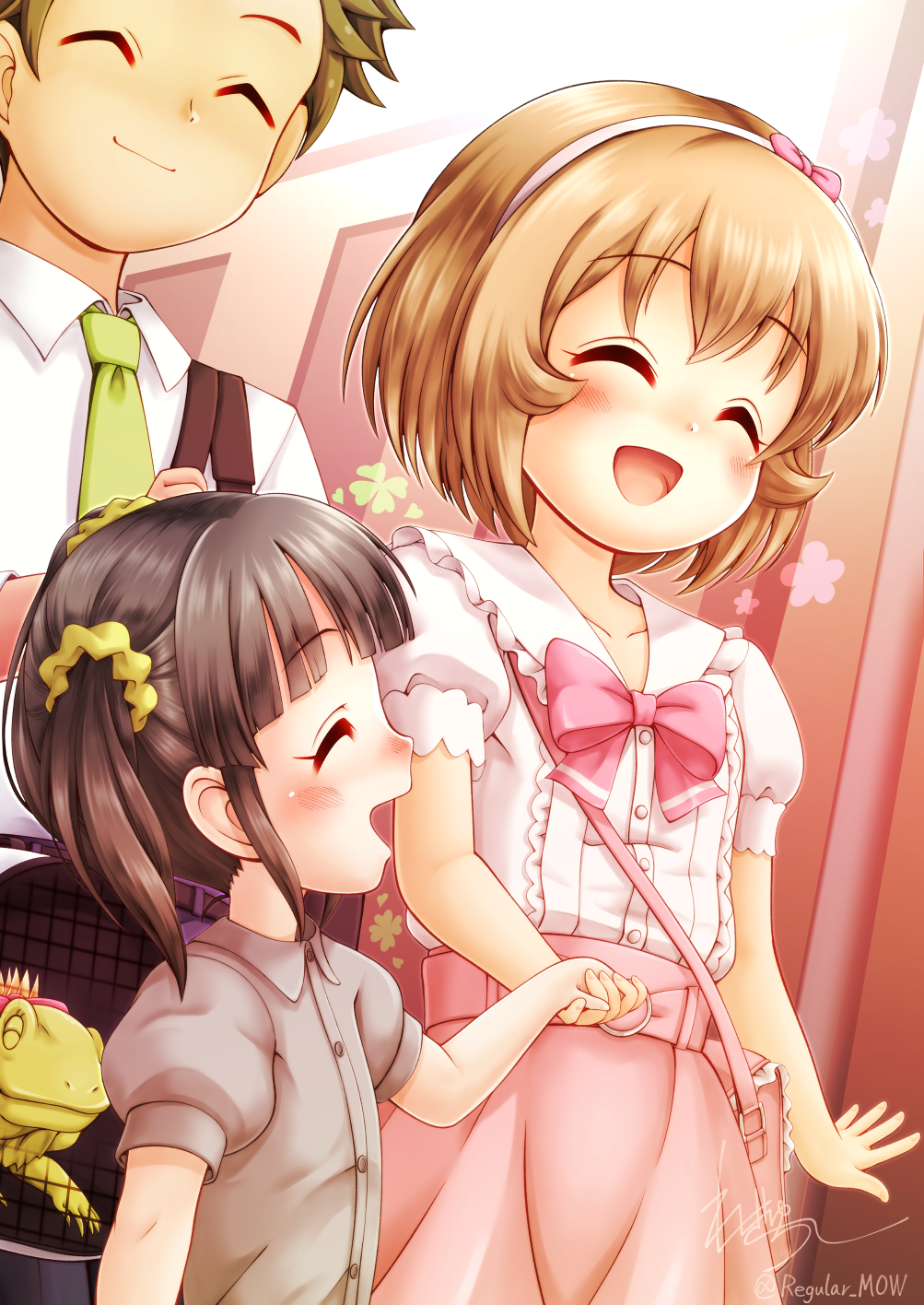 1boy 2girls :d ^_^ bag black_hair blush bow brown_hair cage closed_eyes closed_mouth collared_shirt commentary_request dress_shirt frilled_shirt_collar frills green_necktie hair_bow hair_ornament hair_scrunchie hairband highres holding_hands hyou-kun idolmaster idolmaster_cinderella_girls idolmaster_cinderella_girls_u149 koga_koharu multiple_girls necktie pink_bow pink_skirt producer_(idolmaster) producer_(idolmaster_cinderella_girls_u149) profile puffy_short_sleeves puffy_sleeves regular_mow scrunchie shirt short_hair short_sleeves shoulder_bag signature skirt smile twintails twitter_username white_hairband white_shirt yellow_scrunchie