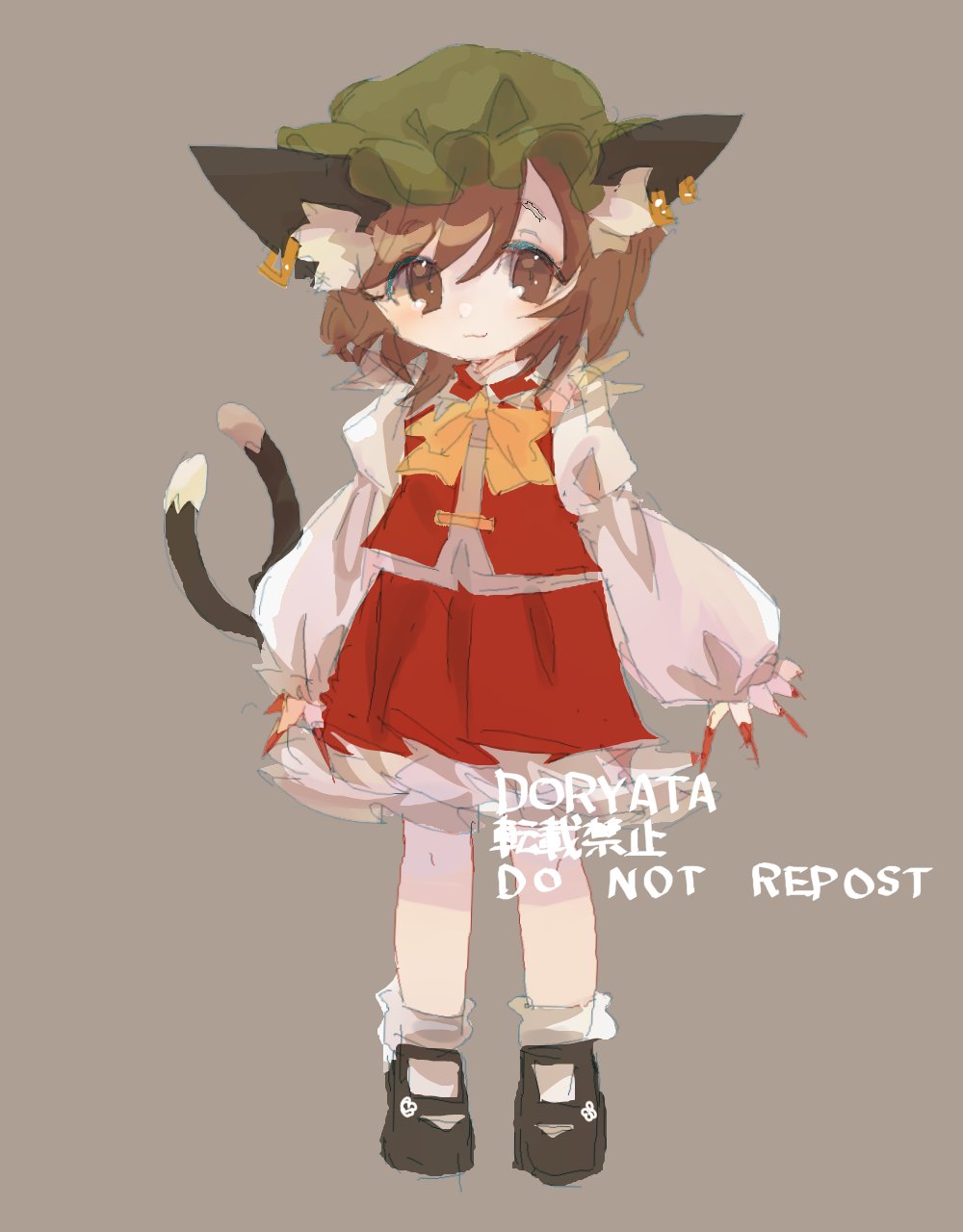 1girl animal_ear_fluff animal_ears brown_eyes brown_hair cat_ears cat_tail chen closed_mouth doryata earrings fingernails full_body grey_background hat highres jewelry light_smile long_fingernails mary_janes mob_cap multiple_tails nail_polish nekomata red_nails red_skirt red_vest sharp_fingernails shoes simple_background skirt skirt_set solo standing swept_bangs tail touhou two_tails vest