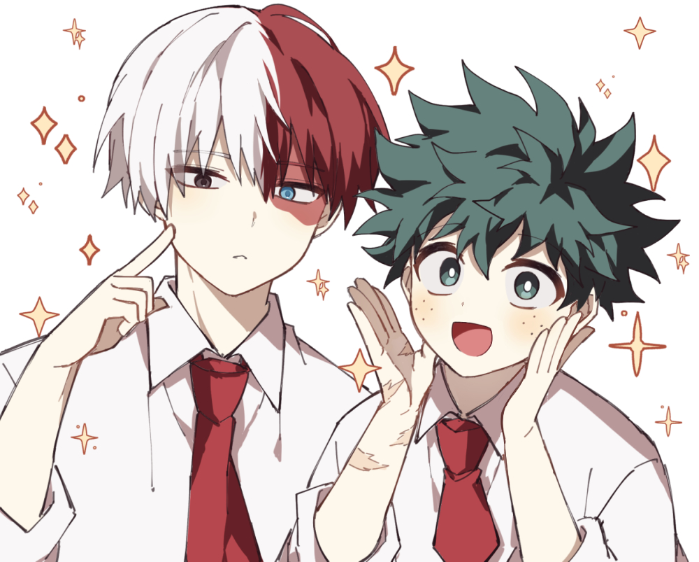 2boys :d black_eyes blue_eyes blush boku_no_hero_academia bright_pupils burn_scar coi_mha collared_shirt commentary curly_hair diffraction_spikes dot_nose finger_to_cheek finger_to_face freckles gesture_request green_eyes green_hair hair_between_eyes happy heterochromia looking_at_viewer male_focus midoriya_izuku multicolored_hair multiple_boys multiple_scars necktie open_mouth pale_skin parted_hair parted_lips red_necktie redhead scar scar_on_arm scar_on_face scar_on_hand school_uniform shirt short_hair side-by-side simple_background sleeves_past_elbows sleeves_rolled_up smile sparkle split-color_hair todoroki_shouto two-tone_hair u.a._school_uniform upper_body white_background white_hair white_pupils white_shirt wing_collar