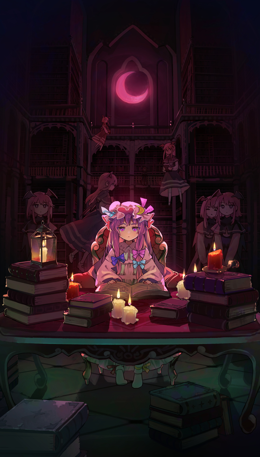 6+girls :&lt; bat_wings blue_bow book book_stack bow candle commentary_request crescent crescent_hat_ornament fire flame full_body grey_eyes hair_between_eyes hair_bow hair_ribbon hat hat_ornament head_wings highres holding holding_book indoors koakuma library light_blush looking_at_viewer midair mob_cap multiple_girls open_book patchouli_knowledge purple_hair redhead revision ribbon sitting smile straight-on syuri22 tile_floor tiles touhou tress_ribbon v_arms violet_eyes wings