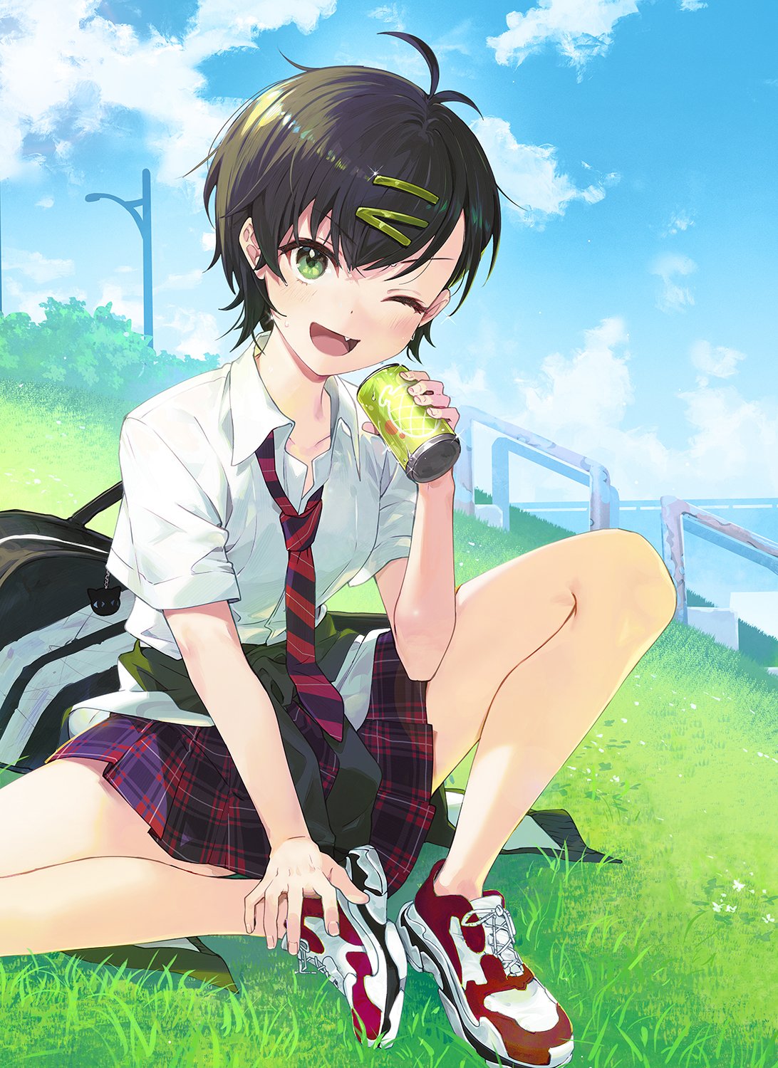 1girl antenna_hair bag black_hair black_sweater bush can character_request clouds collarbone fang grass green_eyes highres holding holding_can lamppost nagu necktie novel_illustration official_art one_eye_closed open_mouth plaid plaid_skirt railing shirt shoes short_hair sitting skirt sky sneakers stairs striped_necktie sweat sweater tenshi_wa_tansan_shika_nomanai tied_sweater white_shirt