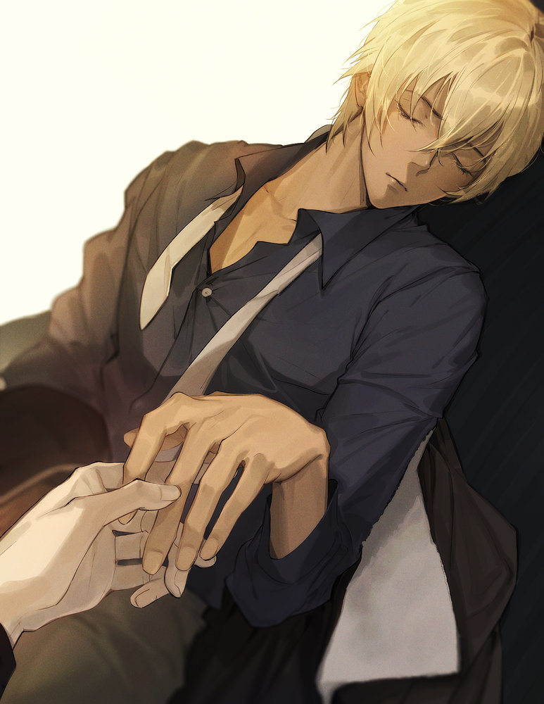 2boys amuro_tooru black_shirt blonde_hair buttons closed_eyes closed_mouth collared_shirt depth_of_field hair_between_eyes holding_hands meitantei_conan open_collar pants pov pov_hands shirt simple_background sitting sleeping upper_body