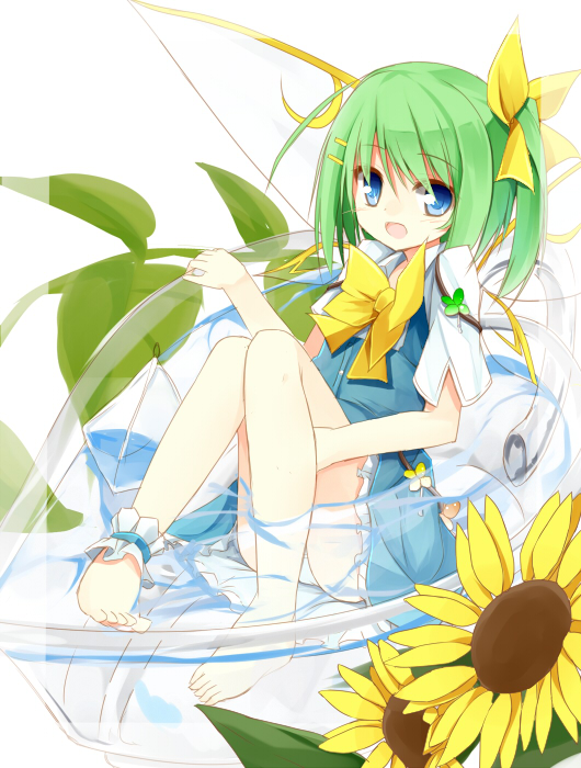1girl ankle_ribbon barefoot blue_dress blue_eyes bow cup daiyousei dress fairy_wings flower green_hair hair_bow hair_ornament hairclip in_container in_cup open_mouth shirt short_sleeves side_ponytail sitting smile solo sunflower touhou water wings yuuhagi_(amaretto-no-natsu)