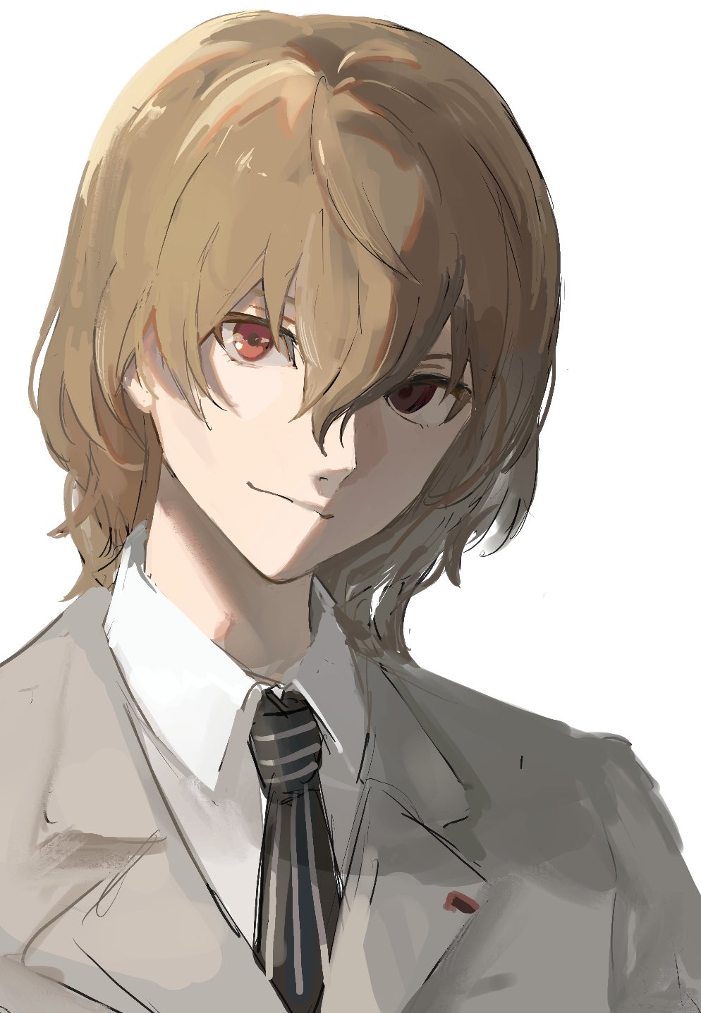 1boy akechi_gorou brown_hair closed_mouth coat collared_shirt grey_coat hair_between_eyes highres kra_0056 looking_at_viewer male_focus necktie persona persona_5 red_eyes shirt simple_background solo striped_necktie upper_body white_background white_shirt