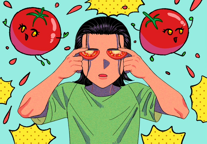 1boy aged_down arms_up black_hair blue_background crocodile_(one_piece) food food_on_face green_shirt hair_slicked_back holding holding_food medium_hair mg_cls one_piece open_mouth personification shirt short_sleeves tomato tomato_juice tomato_slice upper_body