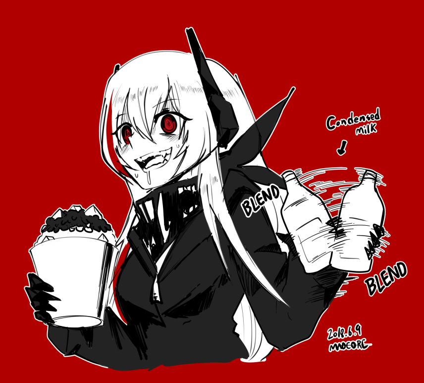 1girl @_@ arrow_(symbol) artist_name bandana_around_neck blending blush bottle breasts bucket check_food clip_studio_paint_(medium) commentary condensed_milk dated drooling english_commentary english_text fangs food girls_frontline hair_between_eyes headgear holding holding_bottle jacket long_hair m4_sopmod_ii_(girls'_frontline) madcore mechanical_hands motion_lines multicolored_hair open_mouth red_background red_eyes redhead shaking shaved_ice simple_background smile solo sound_effects streaked_hair teeth upper_body very_long_hair zipper