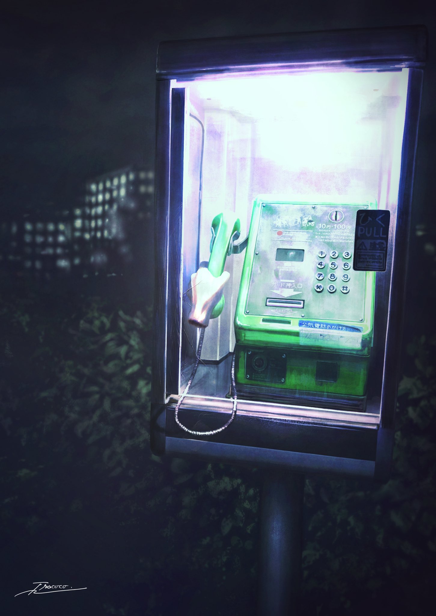 1other blurry blurry_background bush disembodied_limb fracoco highres holding holding_phone horror_(theme) night original outdoors payphone phone phone_booth scenery signature