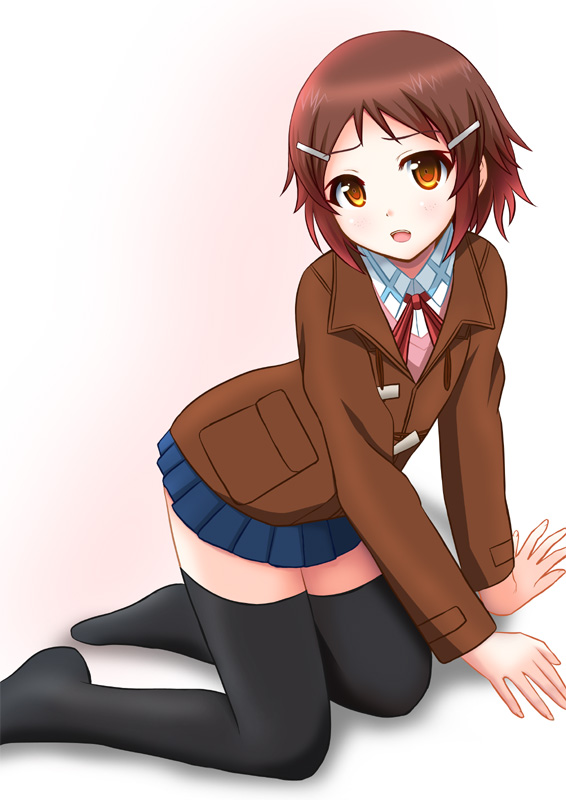 1girl :d black_thighhighs blue_skirt bob_cut bow bowtie breasts brown_coat brown_eyes brown_hair coat commentary duffel_coat freckles from_side full_body furrowed_brow gradient_background hair_ornament hairclip hands_on_ground kneeling light_blush lisbeth_(sao) long_sleeves looking_at_viewer looking_to_the_side natsuzakura_yuuki neck_ribbon nervous no_shoes open_mouth pink_background pink_sweater pleated_skirt red_bow red_bowtie red_ribbon ribbon school_uniform shadow shirt short_hair skirt small_breasts smile solo sweater sword_art_online thigh-highs toggles white_background white_shirt zettai_ryouiki