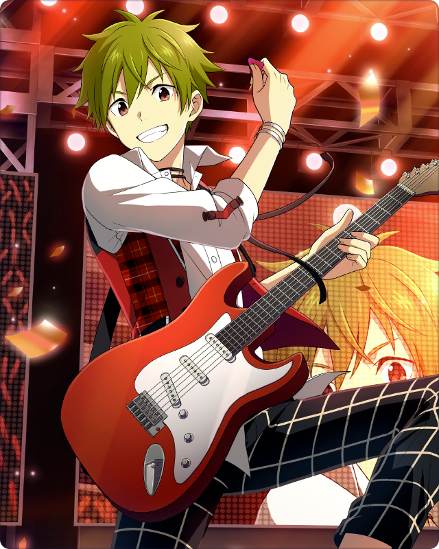 1boy akiyama_hayato bracelet collared_shirt electric_guitar fingernails green_hair guitar hair_between_eyes holding holding_instrument idol idolmaster idolmaster_side-m idolmaster_side-m_growing_stars instrument jewelry looking_at_viewer male_focus official_art shirt smile solo stage_lights teeth