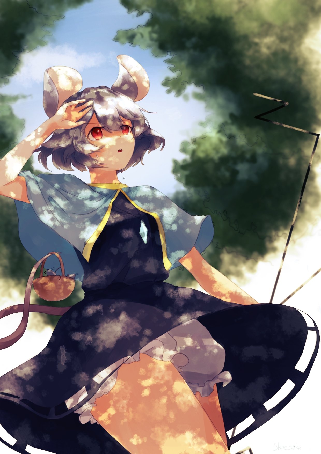 1girl animal_ears blue_sky grey_hair highres looking_up medium_hair mouse_ears mouse_girl mouse_tail nazrin red_eyes shadow shee_take skirt sky solo sunlight tail touhou tree white_background