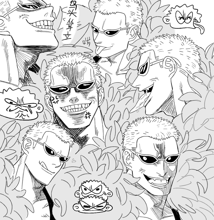 1boy anger_vein angry blonde_hair donquixote_doflamingo fangs feather_coat greyscale grin heart male_focus mg_cls monochrome multiple_views one_piece open_mouth portrait saliva shaded_face short_hair smile sunglasses teeth tongue tongue_out variations white-framed_eyewear