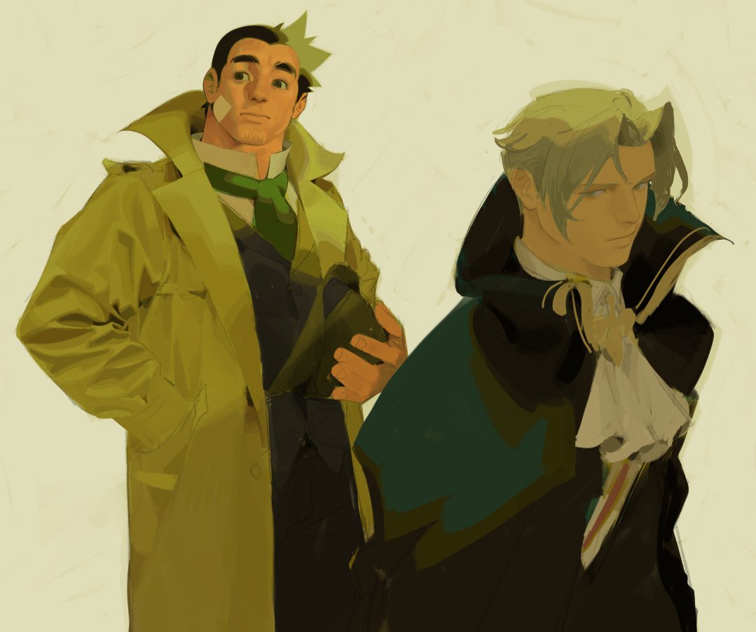 2boys ace_attorney bandaid bandaid_on_cheek bandaid_on_face coat costume_request dick_gumshoe expressionless feet_out_of_frame goatee_stubble green_coat green_necktie grey_hair looking_to_the_side male_focus mature_male miles_edgeworth mr_kasuy multiple_boys necktie raised_eyebrows short_hair sideburns sidelocks standing