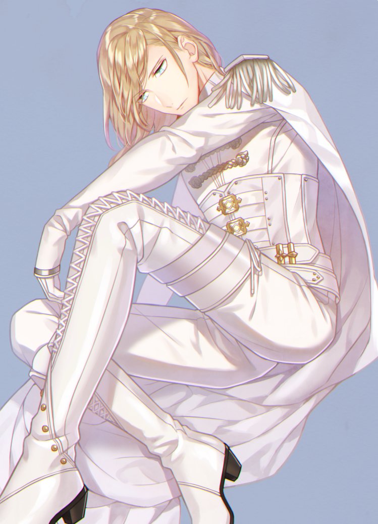 1boy asymmetrical_footwear belt blonde_hair blue_background blue_eyes boots camus_(uta_no_prince-sama) cape closed_mouth corset cross-laced_footwear epaulettes expressionless full_body gloves invisible_chair jacket knee_boots knee_up lace-up_boots male_focus medium_hair pants shirt sideways_glance simple_background sitting sleeves_past_wrists solo swept_bangs thigh_boots thigh_strap tubame-hien uta_no_prince-sama white_belt white_cape white_corset white_footwear white_gloves white_jacket white_pants white_shirt