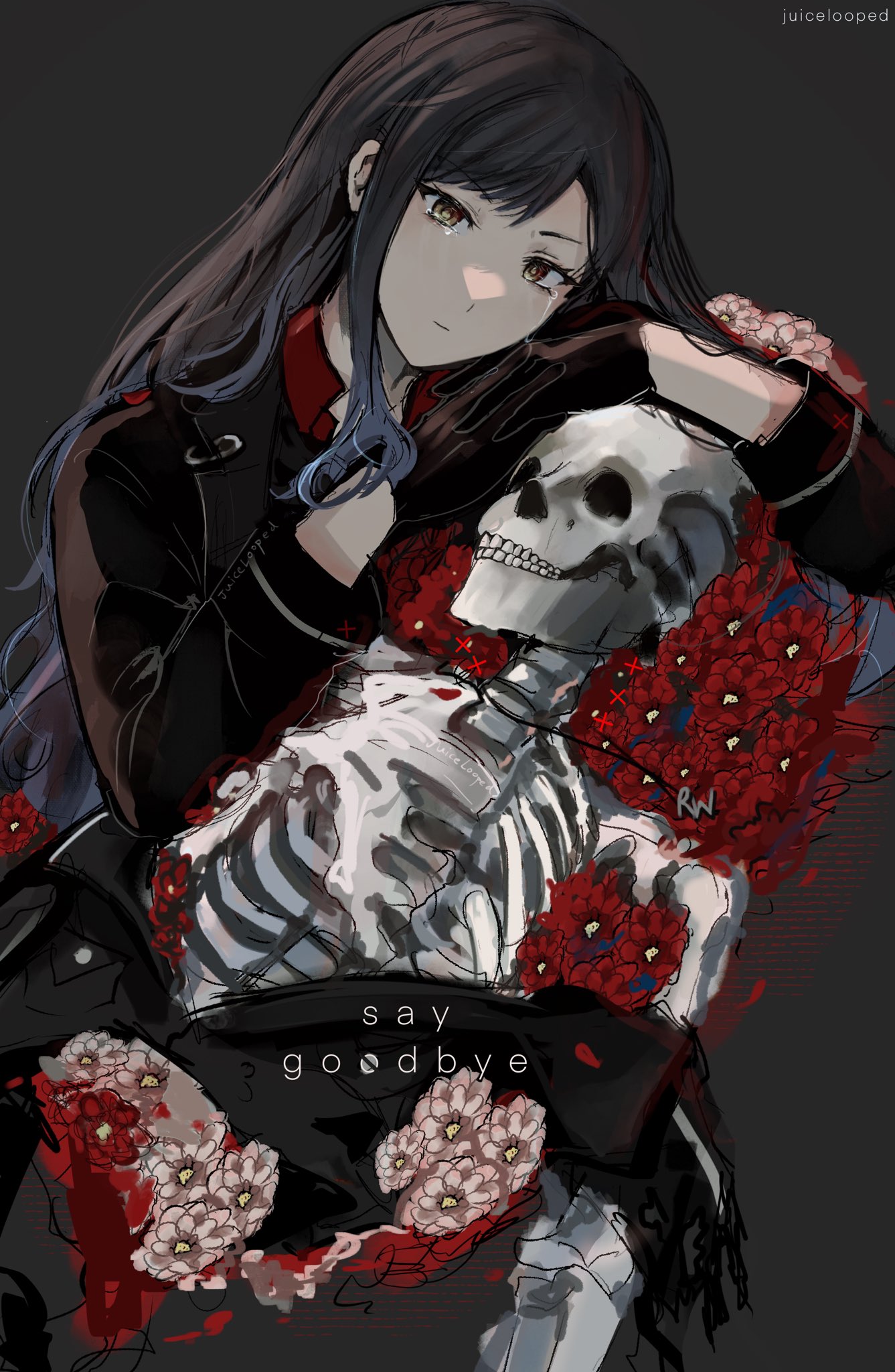 1girl black_gloves black_hair collar flower gloves highres jacket juicelooped long_hair long_sleeves looking_at_viewer project_sekai red_collar red_flower shiraishi_an skeleton solo white_flower