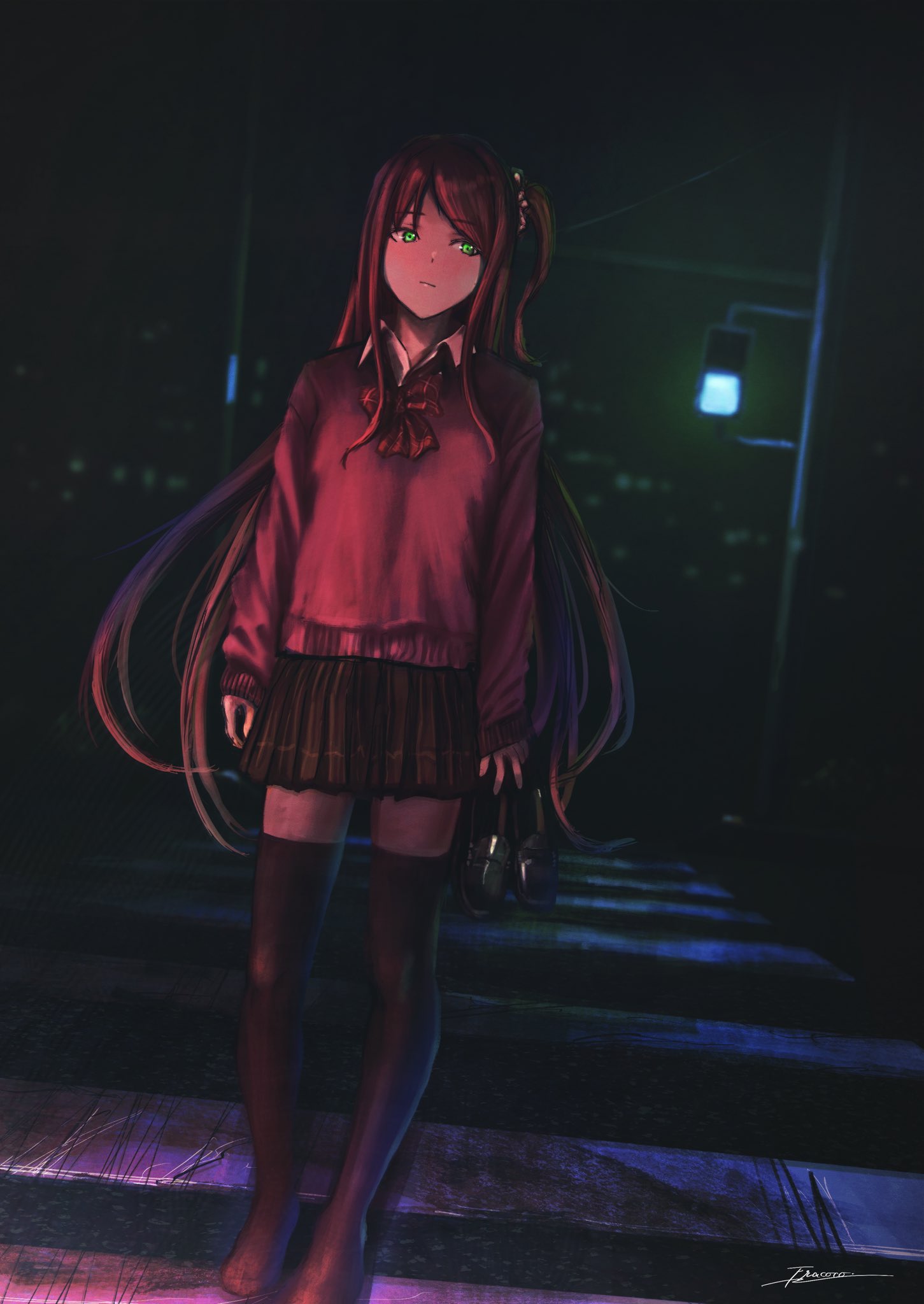 1girl akabane_youko black_skirt black_thighhighs brown_hair closed_mouth collared_shirt commentary crosswalk fracoco full_body glowing glowing_eyes green_eyes hair_ornament hair_scrunchie highres holding holding_shoes loafers long_hair long_sleeves necktie night nijisanji no_shoes one_side_up pink_sweater pleated_skirt red_necktie scrunchie shirt shoes sidelocks signature skirt solo standing sweater thigh-highs traffic_light very_long_hair white_shirt zettai_ryouiki