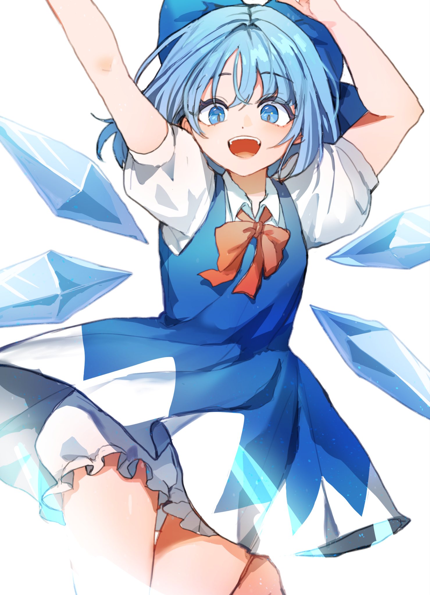 1girl arms_up bare_legs bloomers blue_dress blue_eyes blue_hair bow bowtie cirno dress hair_bow highres ice ice_wings looking_at_viewer pinafore_dress red_bow red_bowtie sarukana shirt simple_background sleeveless sleeveless_dress smile solo touhou underwear white_background white_bloomers white_shirt wings