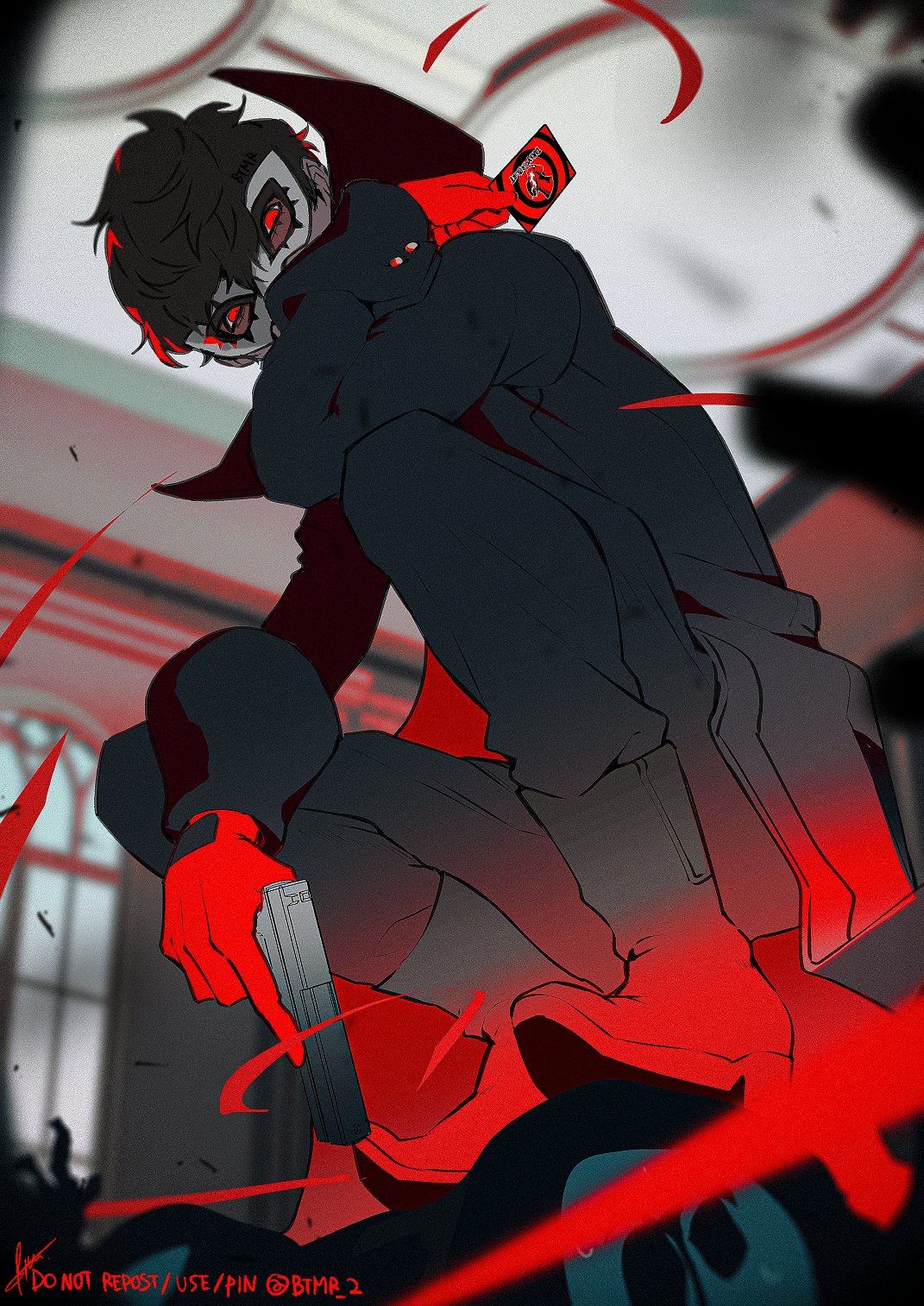 1boy amamiya_ren black_coat black_hair blurry blurry_background boots btmr_game calling_card coat eye_mask gloves gun hair_between_eyes handgun highres holding holding_gun holding_weapon long_sleeves looking_at_viewer male_focus mask open_clothes open_coat pants persona persona_5 red_eyes solo squatting twitter_username weapon white_mask window