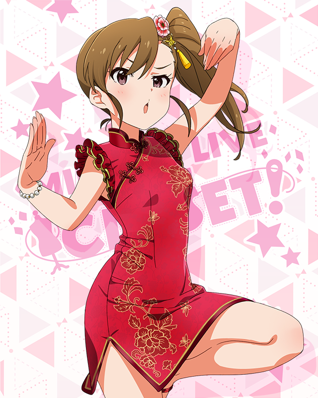 1girl brown_eyes brown_hair china_dress chinese_clothes dress flower futami_mami hair_flower hair_ornament idolmaster idolmaster_(classic) idolmaster_million_live! idolmaster_million_live!_theater_days official_art red_dress side_ponytail simple_background sleeveless sleeveless_dress