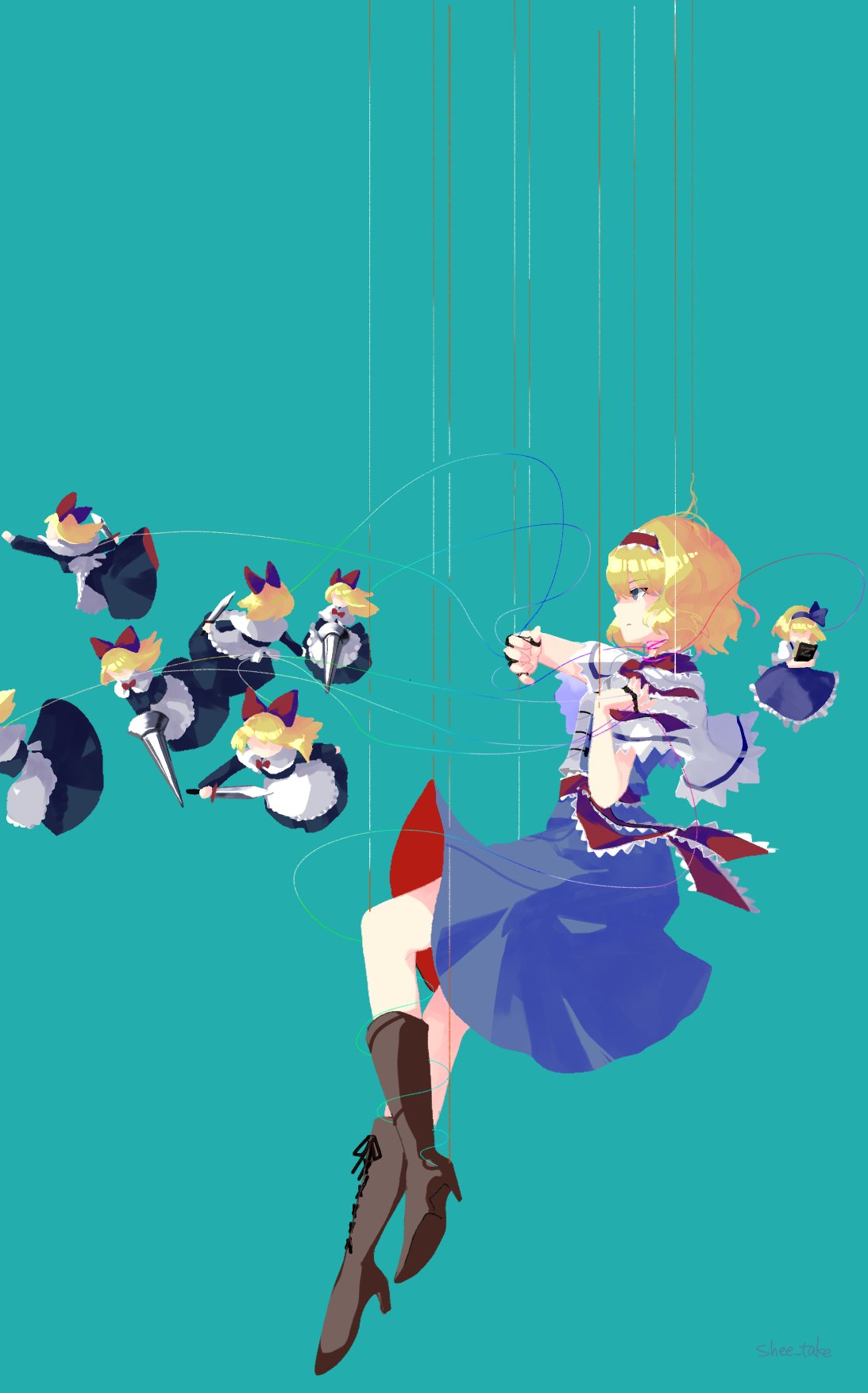 1girl alice_margatroid alice_margatroid_(pc-98) artist_name blonde_hair blue_background character_doll grimoire_of_alice highres holding holding_sword holding_weapon long_hair looking_to_the_side medium_hair puppet shee_take signature solo string sword touhou touhou_(pc-98) weapon
