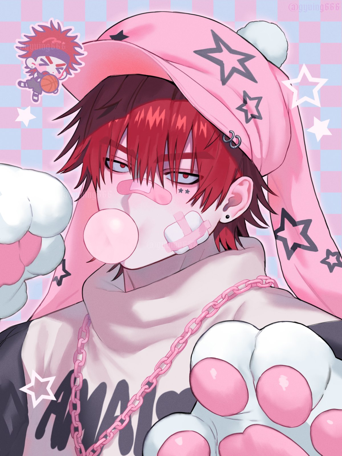 1boy animal_hands animal_hat bandaid bandaid_on_cheek bandaid_on_face bandaid_on_nose black_shirt candy chain_necklace chewing_gum chibi earrings food gumball gyuing666 hat highres jewelry male_focus necklace original red_eyes redhead shirt short_hair simple_background solo two-tone_shirt white_shirt