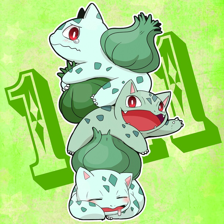 bright_pupils bulbasaur claws closed_eyes creature drooling fangs green_background light_blush mouth_drool nekonekopunyann no_humans nostrils open_mouth pokemon pokemon_(creature) red_eyes sleeping stacking tears wavy_mouth white_pupils