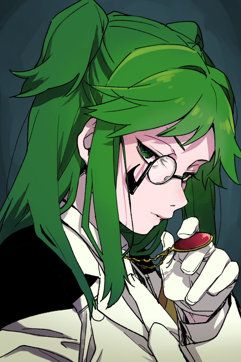 1girl closed_mouth commentary_request employee_(lobotomy_corporation) ganeshia gloves green_eyes green_hair highres jacket jewelry lobotomy_corporation long_hair long_sleeves monocle necklace necktie profile project_moon shirt solo two_side_up white_gloves white_jacket white_necktie white_shirt