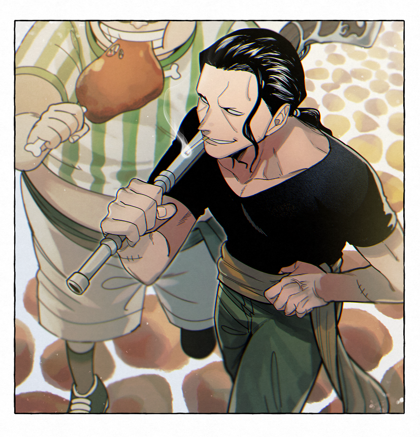 2boys arm_up black_hair black_shirt boned_meat character_request eating fat fat_man food green_sash gun hair_slicked_back hand_on_own_hip head_out_of_frame holding holding_food holding_gun holding_weapon kystktst kystktstura looking_at_another lucky_roux male_focus meat medium_hair multiple_boys muscular muscular_male one_piece ponytail sash scar scar_on_arm shirt short_sleeves smile striped striped_shirt teeth two-tone_shirt vertical-striped_shirt vertical_stripes walking weapon