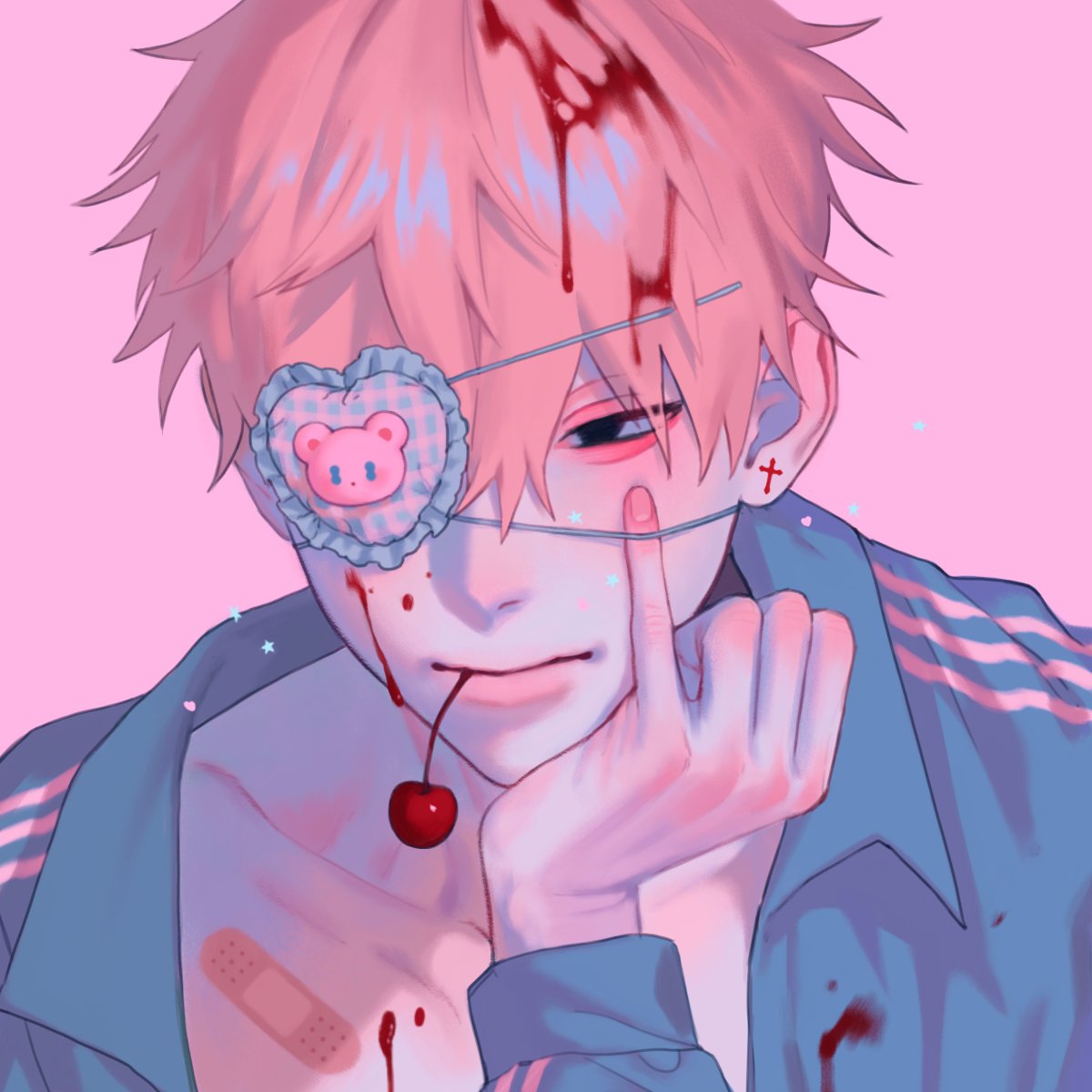 1boy bandaid bandaid_on_chest berry blue_shirt closed_mouth collared_shirt eyepatch eyeshadow food food_in_mouth food_on_body food_on_clothes food_on_face food_on_head fruit gyuing666 highres makeup male_focus object_on_head open_clothes open_shirt original pink_eyeshadow pink_hair shirt short_hair solo