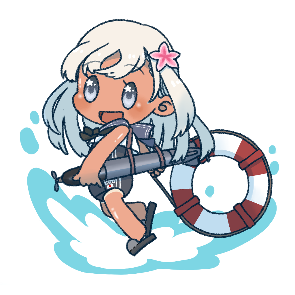 1girl blue_eyes flower hair_flower hair_ornament holding holding_torpedo japanese_flag kantai_collection lifebuoy long_hair one-piece_swimsuit ro-500_(kancolle) sailor_collar sandals solo swimsuit swimsuit_under_clothes tan tanetarou torpedo transparent_background white_hair