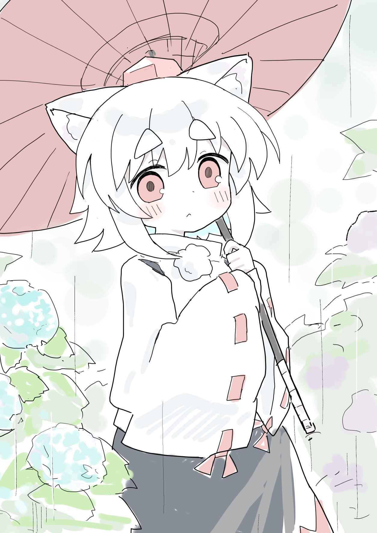 1girl animal_ear_fluff animal_ears commentary_request expressionless highres holding holding_umbrella inubashiri_momiji kibisake long_sleeves looking_at_viewer pink_eyes pom_pom_(clothes) rain short_hair sketch solo thick_eyebrows touhou umbrella white_hair wide_sleeves wolf_ears