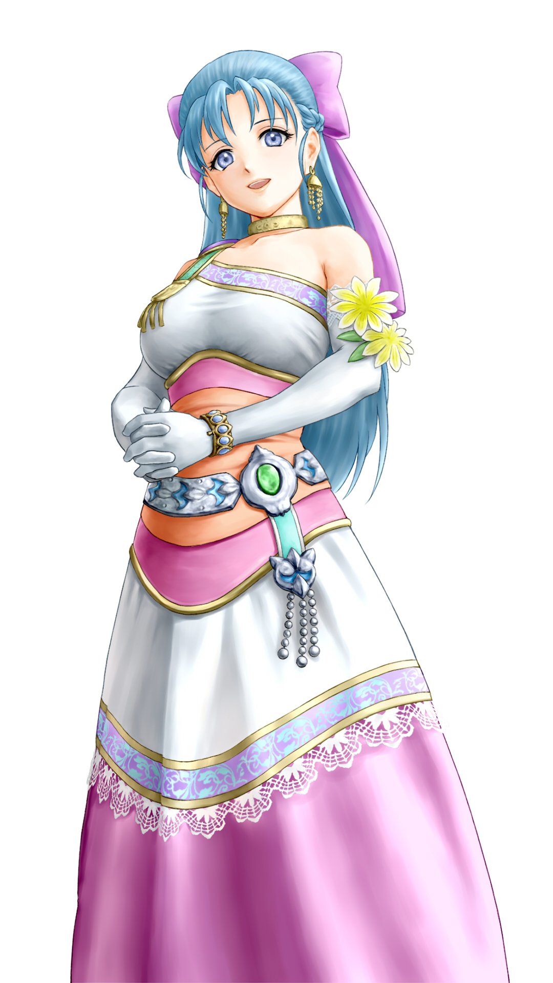 1girl asymmetrical_sleeves bare_shoulders blue_eyes blue_hair bow bracelet braid breasts collarbone commentary_request cowboy_shot dragon_quest dragon_quest_heroes dragon_quest_v dress earrings elbow_gloves flora_(dq5) flower french_braid gloves hair_behind_ear hair_bow hair_pulled_back half_updo highres huge_bow interlocked_fingers jewelry long_dress long_hair looking_at_viewer medium_breasts neck_ring open_mouth own_hands_together pink_bow single-shoulder_dress single_strap sleeveless sleeveless_dress smile solo standing teeth upper_teeth_only white_background white_gloves x_chitch yellow_flower
