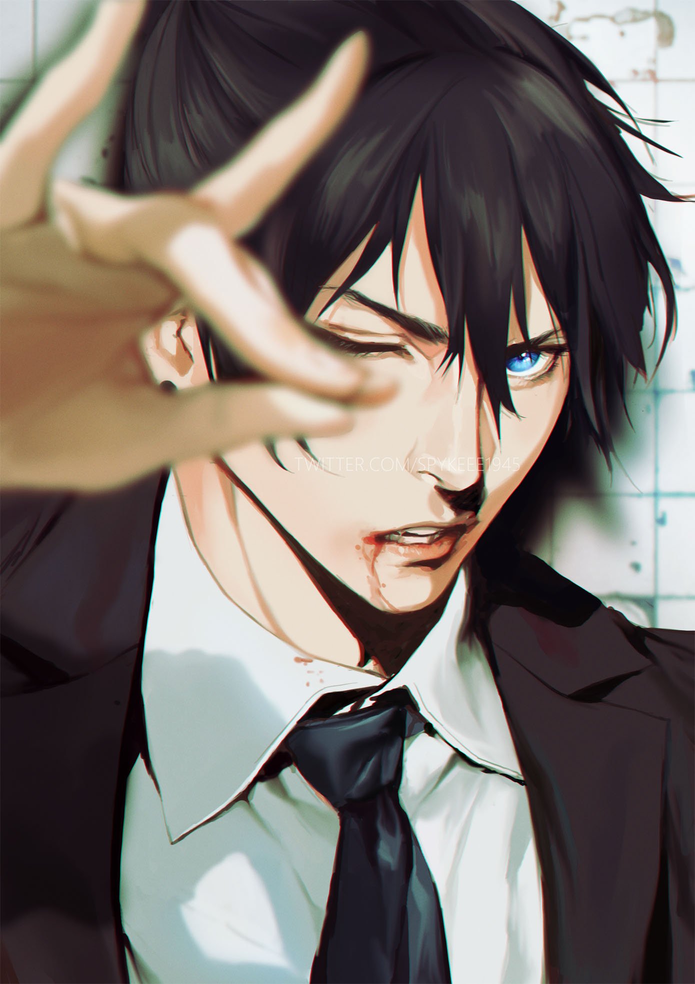 1boy black_hair black_jacket black_necktie blood blood_from_mouth blood_on_clothes blood_on_face blue_eyes blurry blurry_foreground chainsaw_man collared_shirt formal fox_shadow_puppet hayakawa_aki highres jacket looking_at_viewer necktie one_eye_closed parted_lips shirt short_hair solo spykeee suit suit_jacket topknot twitter_username white_shirt