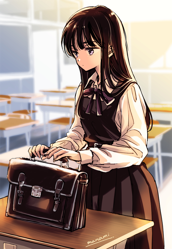1girl aged_down artist_name black_dress blurry blurry_background brown_hair chair classroom closed_mouth collared_shirt commentary_request desk dress expressionless himawari-san himawari-san_(character) indoors long_hair long_sleeves neck_ribbon pinafore_dress pleated_dress purple_ribbon ribbon school_briefcase school_chair school_desk school_uniform shirt signature sleeveless sleeveless_dress solo standing sugano_manami violet_eyes white_shirt