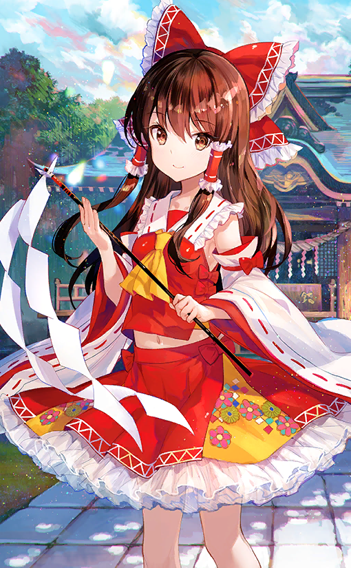 ascot blue_sky bow brown_eyes brown_hair closed_mouth clouds cloudy_sky collared_shirt detached_sleeves floral_print frilled_bow frilled_hair_tubes frilled_shirt_collar frilled_skirt frills fuzichoco gohei grass hair_bow hair_tubes hakurei_reimu hakurei_shrine holding holding_gohei long_hair midriff official_art outdoors path red_bow red_skirt red_vest ribbon-trimmed_sleeves ribbon_trim shirt sidelocks skirt sky sleeve_bow sleeveless sleeveless_shirt smile touhou touhou_cannonball tree vest waist_bow white_sleeves wide_sleeves yellow_ascot yellow_shirt