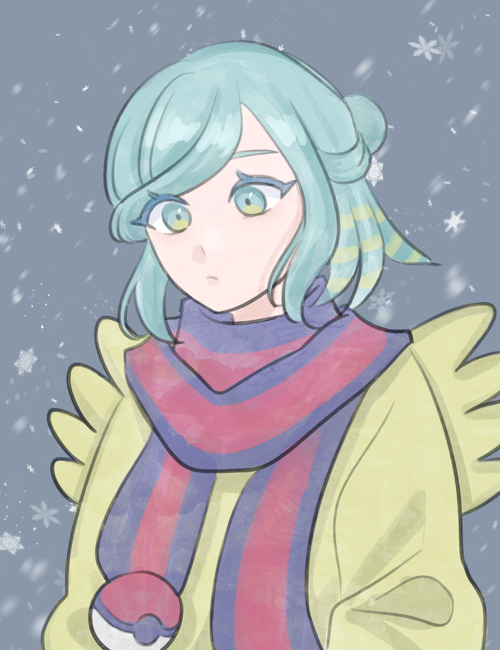 1boy closed_mouth commentary eyelashes green_eyes green_hair grey_background grusha_(pokemon) highres jacket jjinppang_(11010011) looking_down male_focus outdoors pokemon pokemon_(game) pokemon_sv scarf snowflakes snowing solo striped striped_scarf yellow_jacket