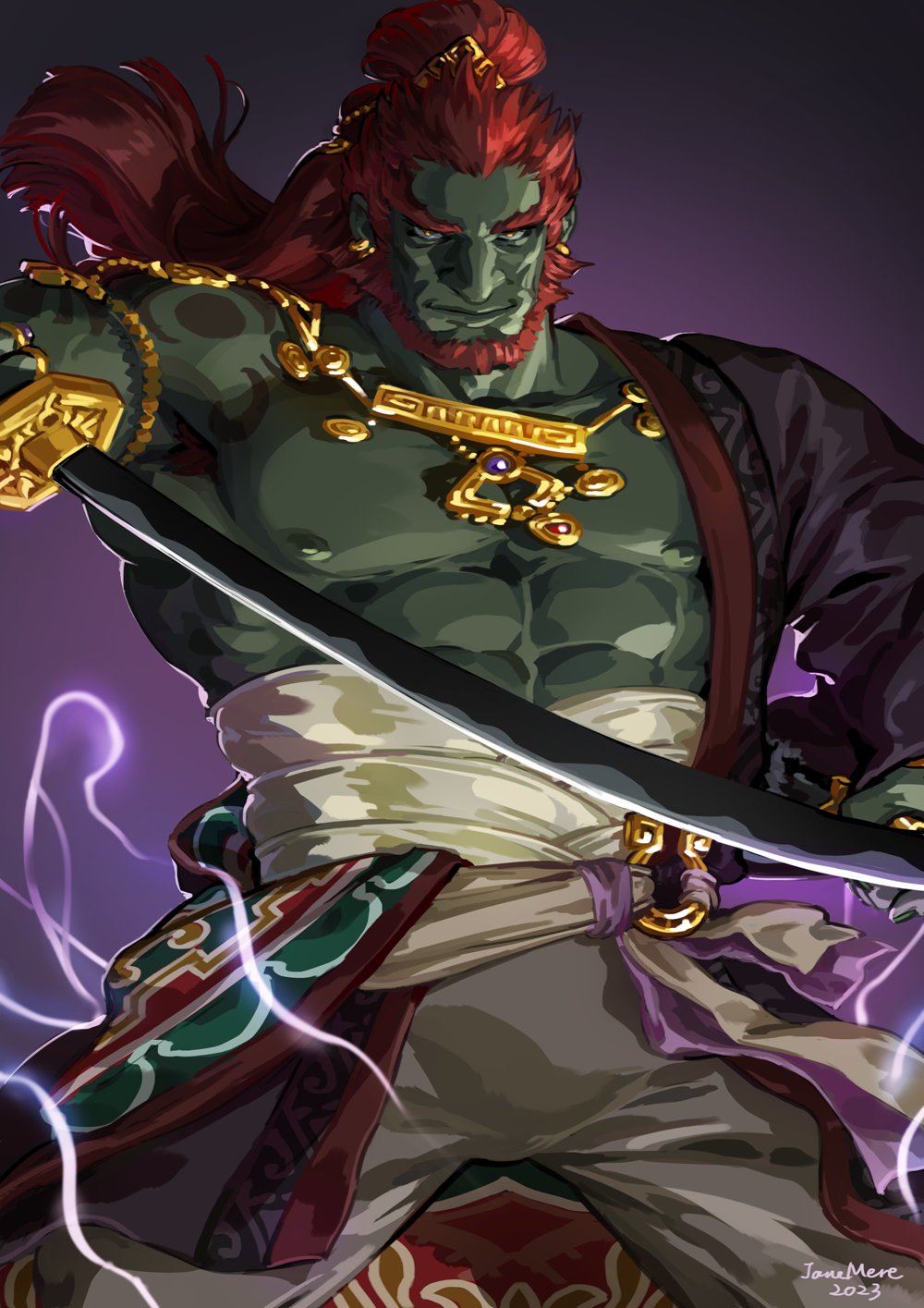 1boy artist_name beard colored_skin cowboy_shot earrings facial_hair ganondorf gerudo gold_earrings gold_necklace green_skin grey_pants hair_ornament highres holding holding_sword holding_weapon jane_mere jewelry long_hair male_focus muscular muscular_male necklace pants pectorals ponytail purple_background redhead solo sword the_legend_of_zelda the_legend_of_zelda:_tears_of_the_kingdom thick_eyebrows weapon yellow_eyes