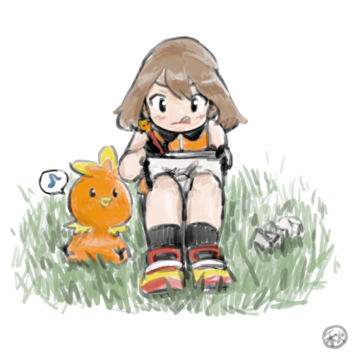 1girl akiyasumi bird black_eyes black_footwear black_gloves black_socks brown_hair closed_mouth collared_shirt crumpled_paper eighth_note frown gloves grass holding holding_pen lowres may_(pokemon) multicolored_footwear musical_note no_headwear orange_shirt paper pen pokemon pokemon_(creature) pokemon_(game) pokemon_emerald pokemon_rse red_footwear shirt shoes short_hair simple_background sitting sleeveless sleeveless_shirt socks solo speech_bubble spoken_musical_note tongue tongue_out torchic two-tone_gloves v-shaped_eyebrows white_background white_footwear white_gloves yellow_footwear