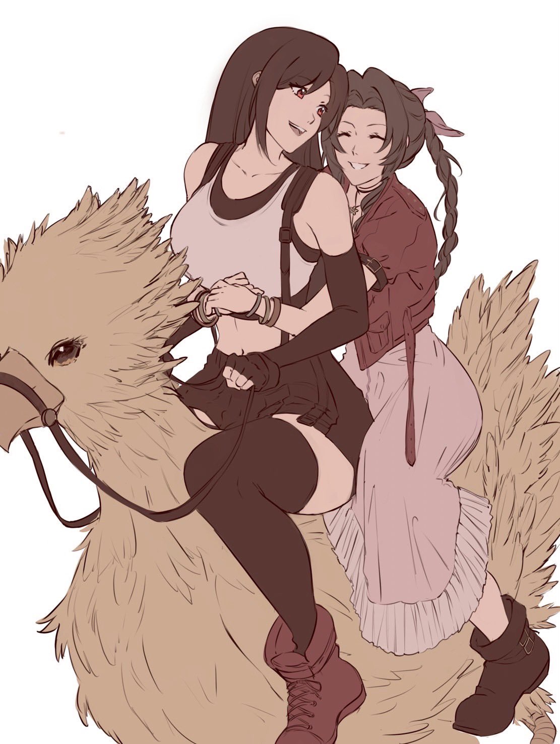 2girls aerith_gainsborough bare_shoulders black_gloves black_hair black_skirt black_sports_bra black_thighhighs boots bracelet braid braided_ponytail breasts brown_footwear brown_hair chocobo choker closed_eyes collarbone commentary crop_top cropped_jacket dress elbow_gloves english_commentary final_fantasy final_fantasy_vii final_fantasy_vii_rebirth final_fantasy_vii_remake fingerless_gloves gloves hair_ribbon highres holding holding_reins hug hug_from_behind jacket jewelry kivavis large_breasts long_dress long_hair looking_at_viewer looking_back midriff multiple_girls navel parted_bangs parted_lips pink_dress pink_ribbon red_eyes red_footwear red_jacket reins ribbon riding riding_animal riding_bird short_sleeves sitting skirt smile sports_bra suspender_skirt suspenders tank_top thigh-highs tifa_lockhart white_background white_tank_top zettai_ryouiki