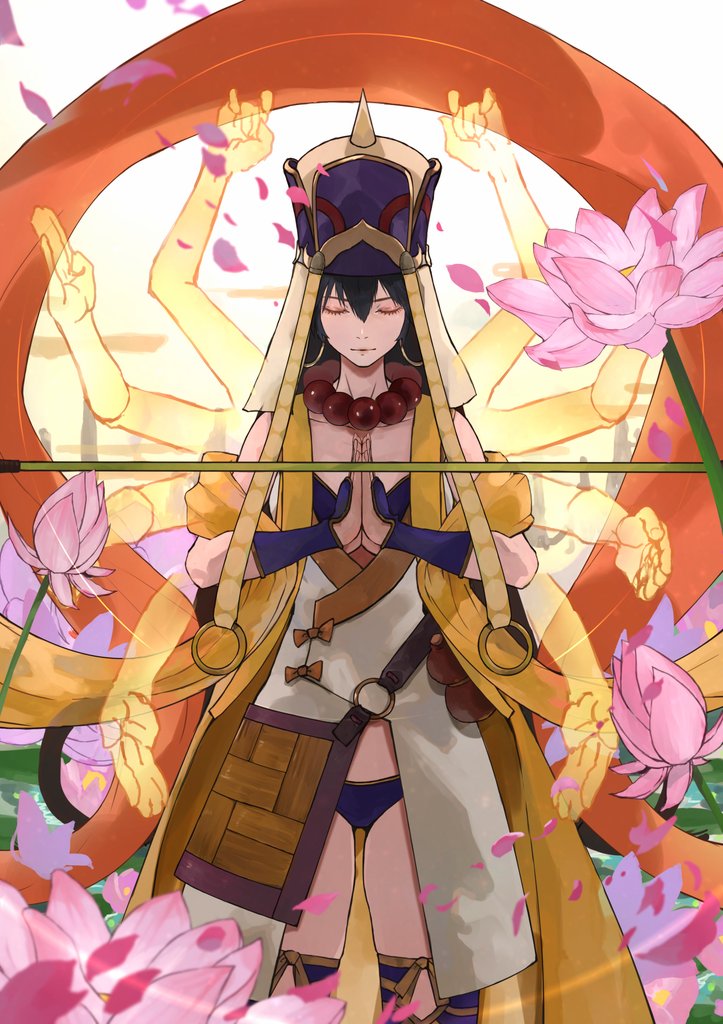 1girl bead_necklace beads black_hair closed_eyes earrings fate/grand_order fate_(series) flower hagoromo hair_rings hat hoop_earrings jewelry kdm_(ke_dama) long_hair lotus meditation necklace palms_together petals praying shawl staff thigh-highs xuangzang_sanzang_(fate)