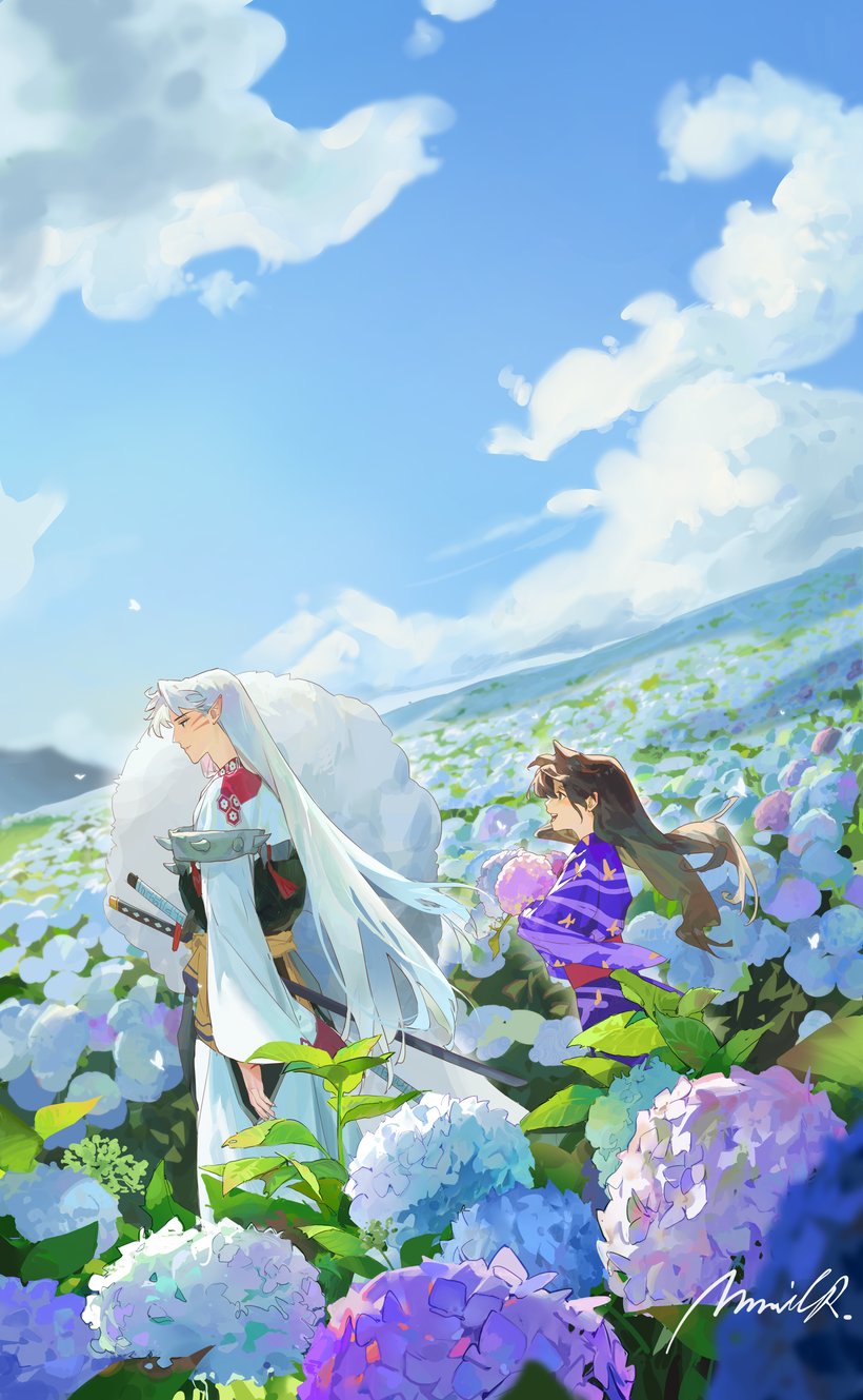 1boy 1girl black_hair blue_flower blue_kimono blue_sky claws demon_boy facial_mark field flower flower_field highres inuyasha japanese_clothes katana kimono long_hair looking_at_another mmmilk open_mouth outdoors parted_bangs pointy_ears print_kimono purple_flower rin_(inuyasha) sesshoumaru shoulder_spikes signature sky smile spikes sword walking weapon white_fur white_hair