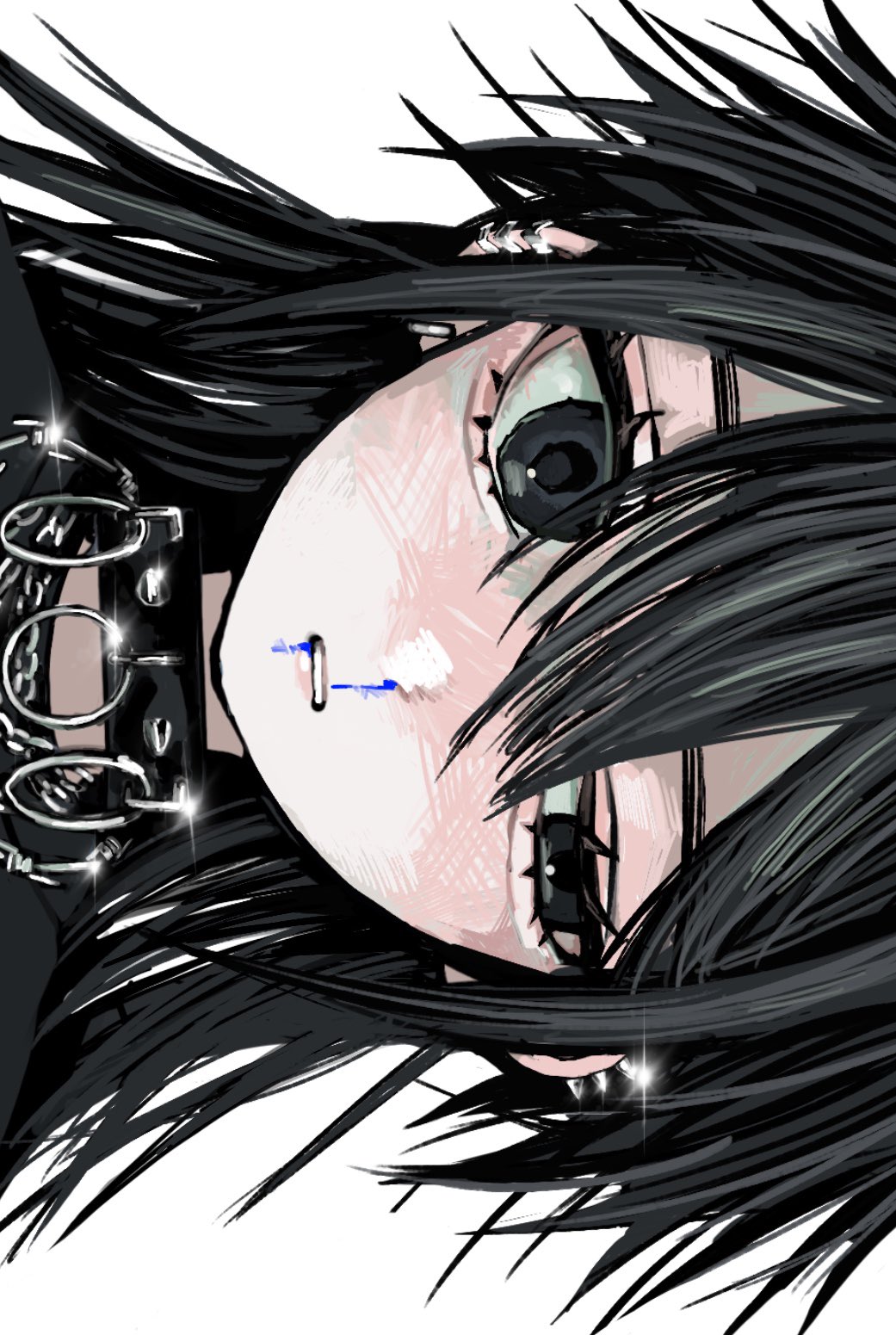 1girl black_collar black_eyes black_hair black_shirt blood blood_from_mouth blue_blood chain_necklace collar commentary hair_between_eyes half-closed_eye highres jewelry long_bangs long_hair looking_at_viewer necklace nosebleed original parted_lips portrait shirt sideways simple_background solo straight-on urokogaran white_background