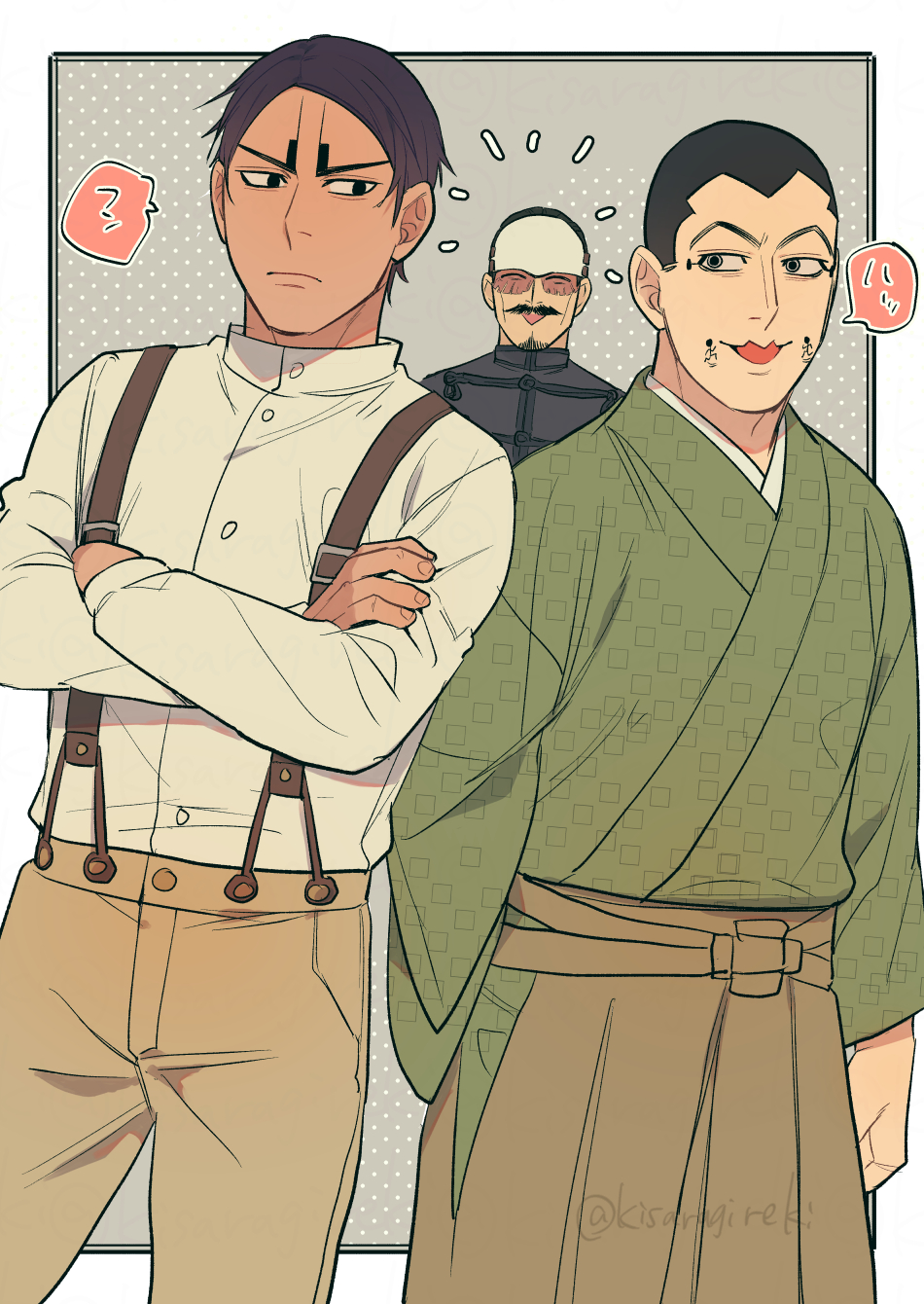3boys :3 black_hair brown_pants character_request closed_mouth feet_out_of_frame golden_kamuy green_robe highres kisaragireki looking_at_another male_focus motion_lines multiple_boys open_mouth outline pants robe short_hair signature smile spoken_sound_effect tan translation_request tsurumi_tokushirou twitter_username white_outline