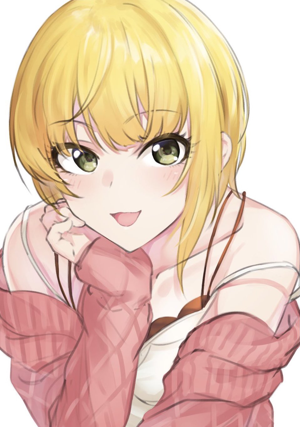 1girl bare_shoulders blonde_hair blush breasts camisole collarbone dot_nose green_eyes hand_up head_rest highres idolmaster idolmaster_cinderella_girls idolmaster_cinderella_girls_starlight_stage long_sleeves looking_at_viewer medium_breasts miyamoto_frederica off_shoulder open_mouth red_sweater short_hair simple_background sleeves_past_wrists smile solo spoonkoros sweater upper_body white_background white_camisole