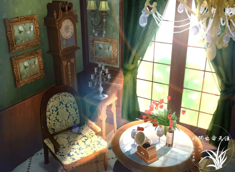 bottle carpet chair chandelier clock cup curtains drink drinking_glass flower grandfather_clock indoors no_humans original painting_(object) phonograph red_flower red_tulip table tulip vase wallpaper_(object) watermark window wine_bottle wine_glass xingzhi_lv