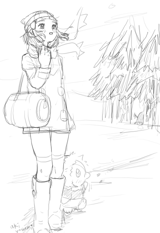 1girl :d adjusting_scarf akiyasumi alternate_hair_length alternate_hairstyle artist_name bag beanie bird boots clothed_pokemon coat duffel_bag enpera floating_clothes floating_scarf footprints hair_ornament hat hikari_(pokemon) long_sleeves monochrome open_mouth over-kneehighs pig piloswine pine_tree piplup pokemon pokemon_(creature) pokemon_(game) pokemon_dppt pokemon_platinum scarf short_hair simple_background smile snow_boots solo standing thigh-highs tree white_background